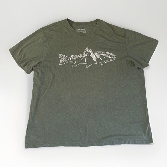 Eddie Bauer Fishing T Shirt Trout Fly Fishing 2XL Trout Mountain Green Tee XXL - Picture 1 of 6